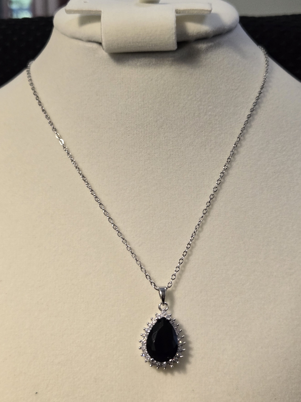 Silver-Tone Black Teardrop Pendant Necklace made with Swarvoski  Elements